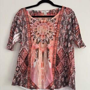CJ Banks Pink and Black Graphic 3/4 Sleeve Blouse